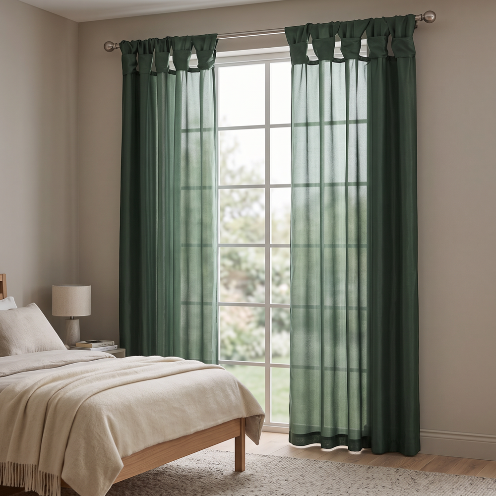 Cortina HomeWelly verde con pestañas retorcidas y forro, ideal para dormitorio con acabado de brillo suave
