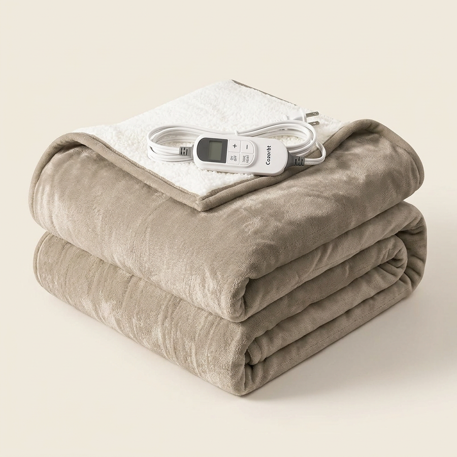 Heated Blanket, Reversible Sherpa, Light Brown
