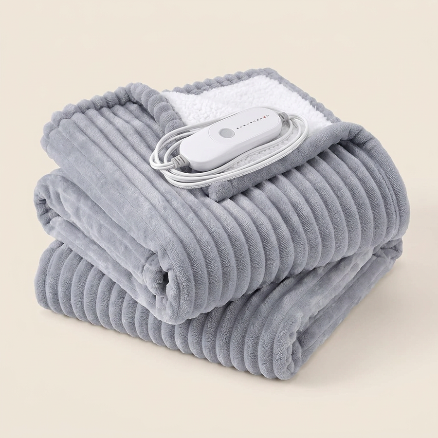 Heated Blanket, Flannel And Sherpa, Grey