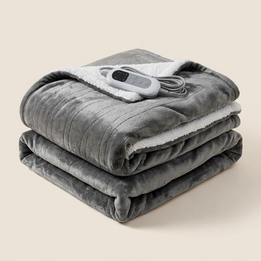 Heated Blanket, Flannel And Sherpa, Gray
