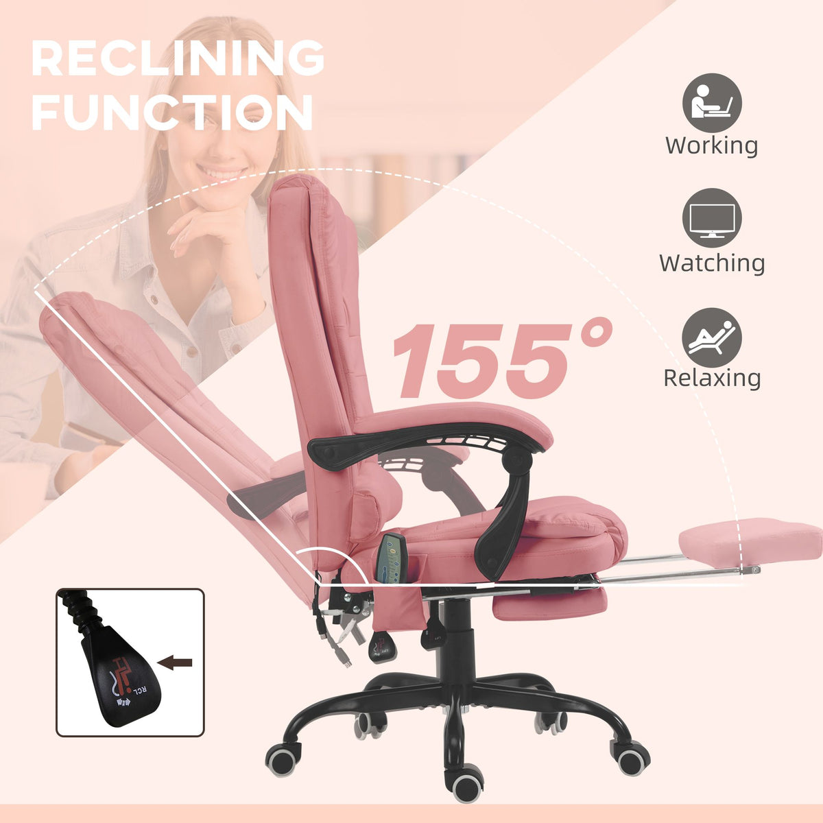 Executive High Back Office Chair with Massage Function Reclining Pink Adjustable