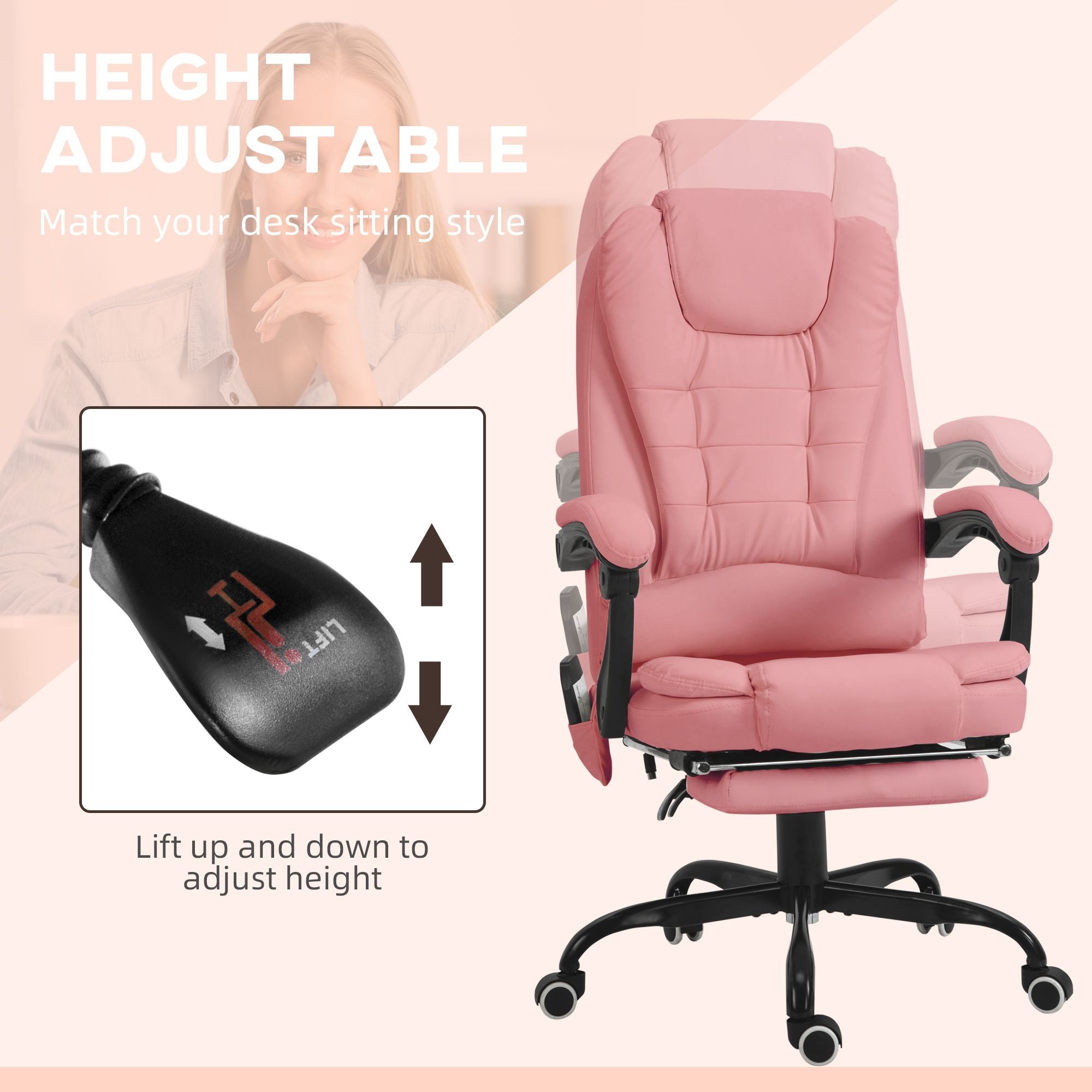 Executive High Back Office Chair with Massage Function Reclining Pink Adjustable