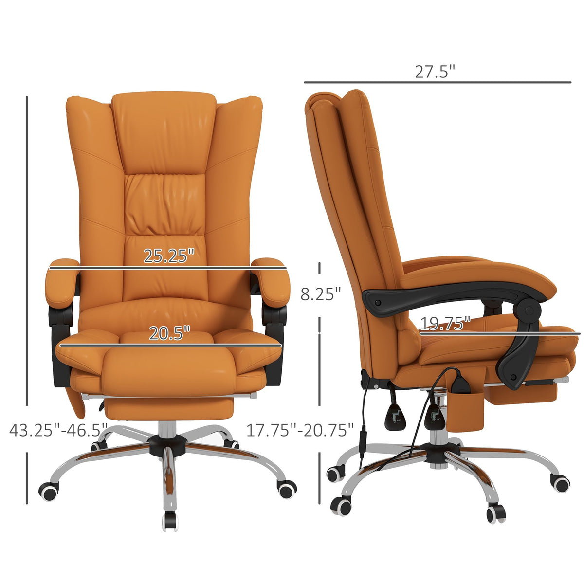 Massage Office Chair PU Leather 4 Vibration Reclining Adjustable Swivel Wheels Light Brown