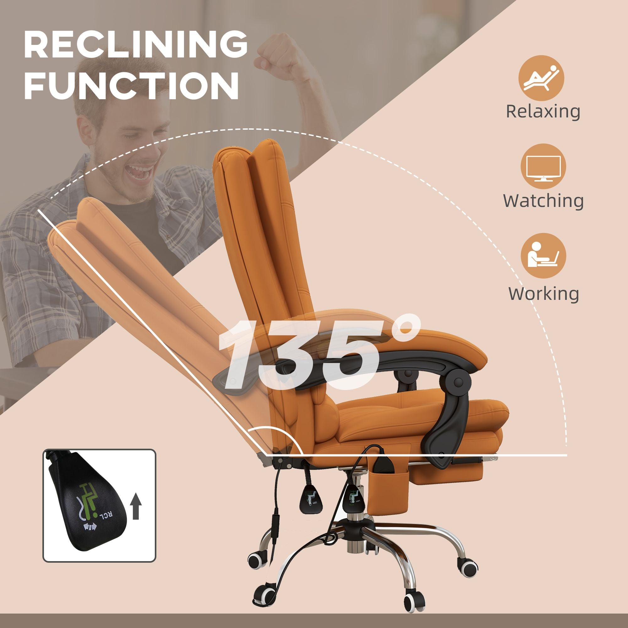 Massage Office Chair PU Leather 4 Vibration Reclining Adjustable Swivel Wheels Light Brown