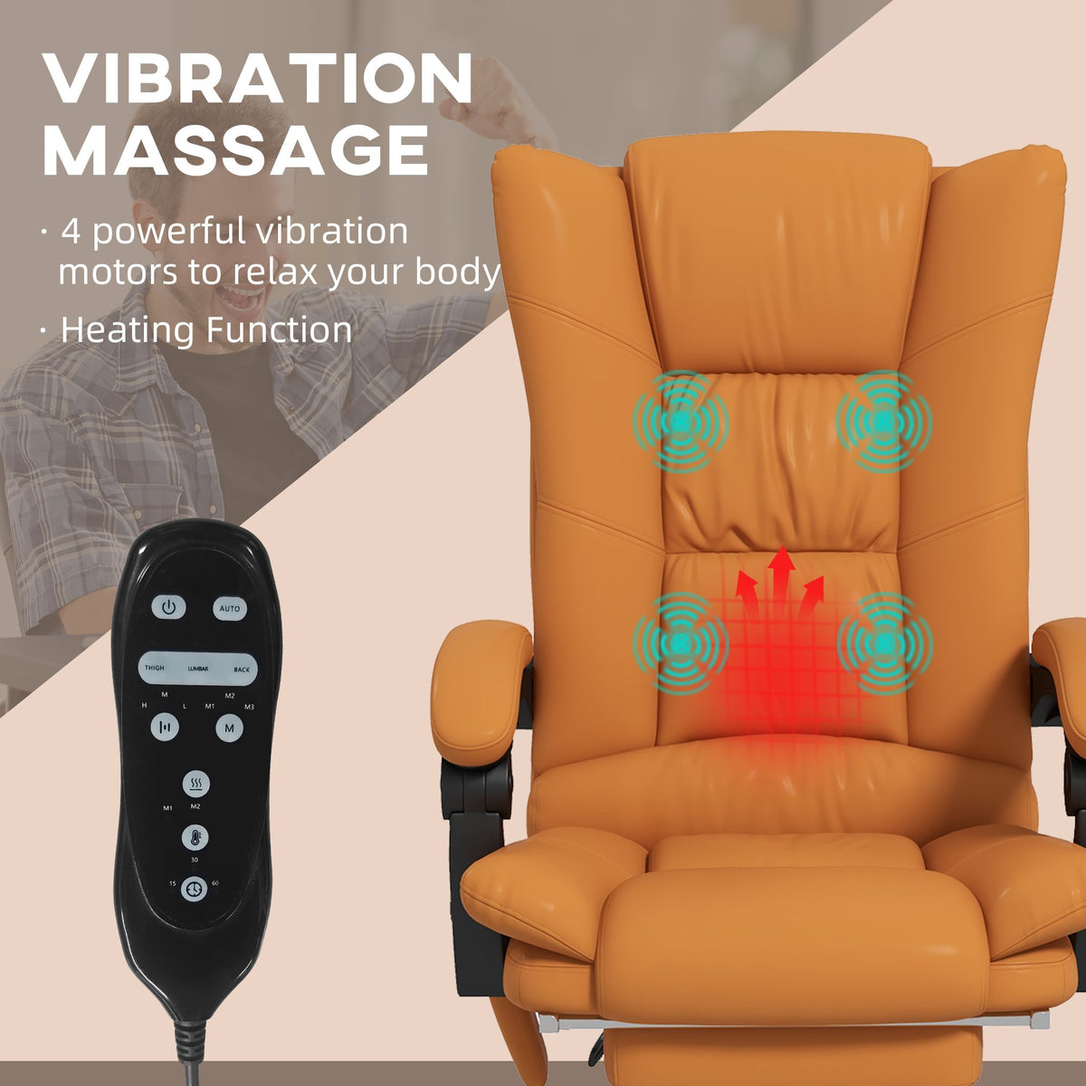 Massage Office Chair PU Leather 4 Vibration Reclining Adjustable Swivel Wheels Light Brown