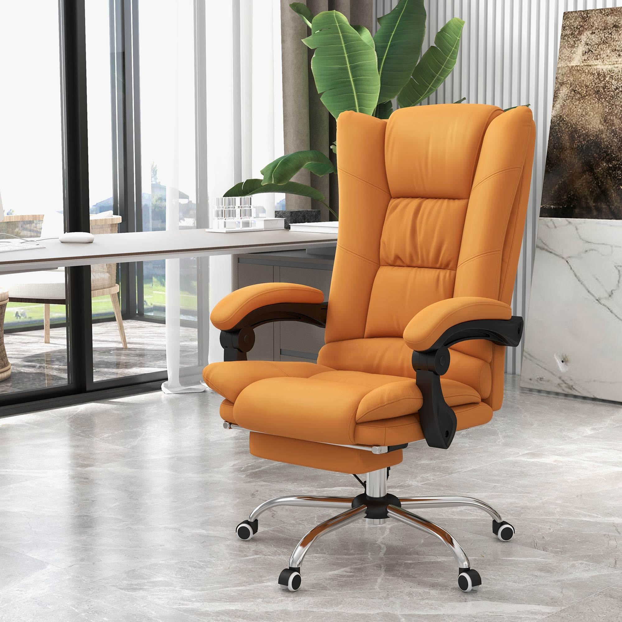 Massage Office Chair PU Leather 4 Vibration Reclining Adjustable Swivel Wheels Light Brown