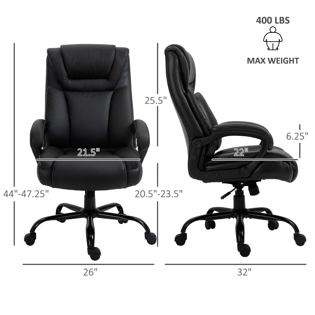 Executive Office Chair Big and Tall 400lbs Wide Seat High Back PU Leather Black