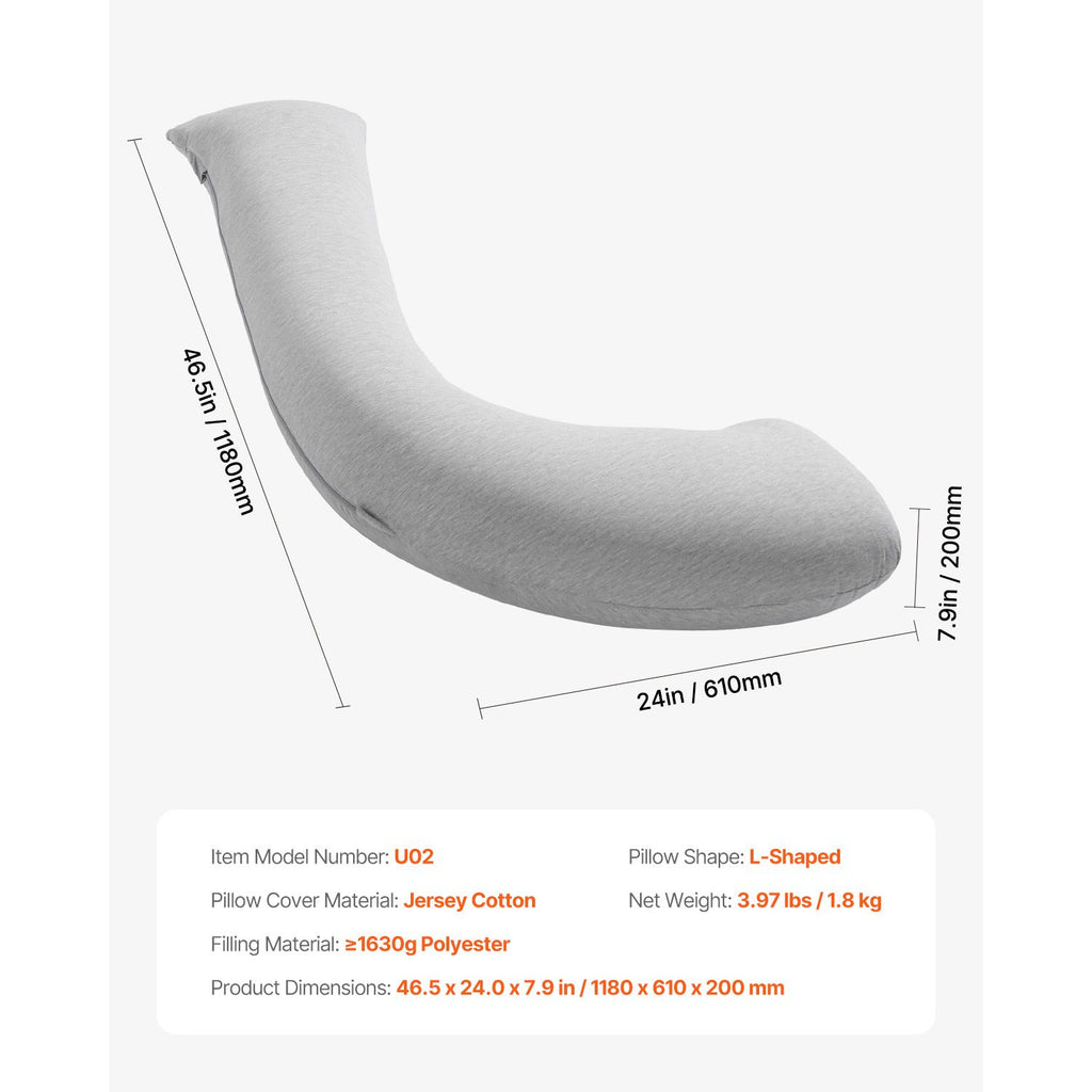 Pregnancy Pillows for Side Sleeping, L-Shaped Maternity Pillow for Pregnant Women, Soft & Breathable Pregnancy Body Pillow with Washable Jersey Cover for Head Neck Belly Leg Support, Light Gray