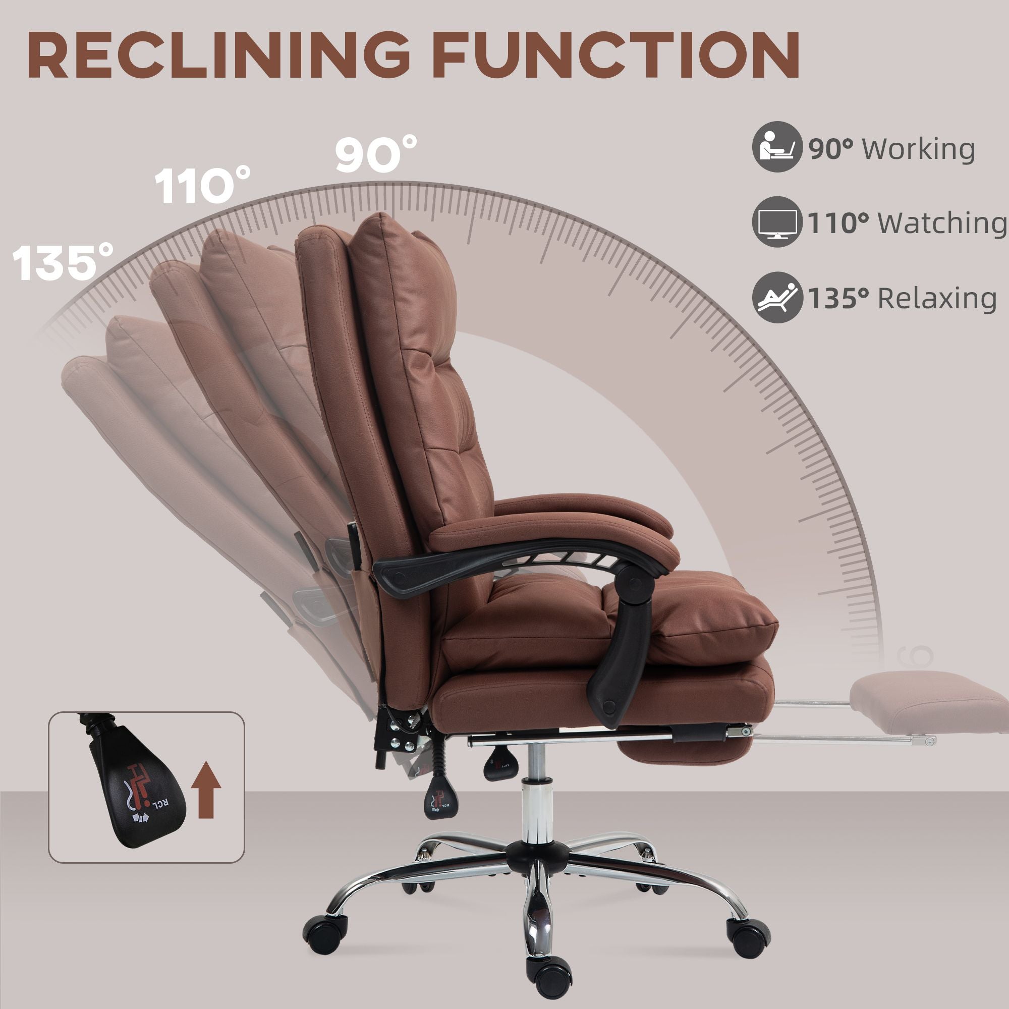 Microfibre Massage Office Chair, Heated Reclining Chair with Footrest, Double-tier Padding, Swivel Wheels, Coffee