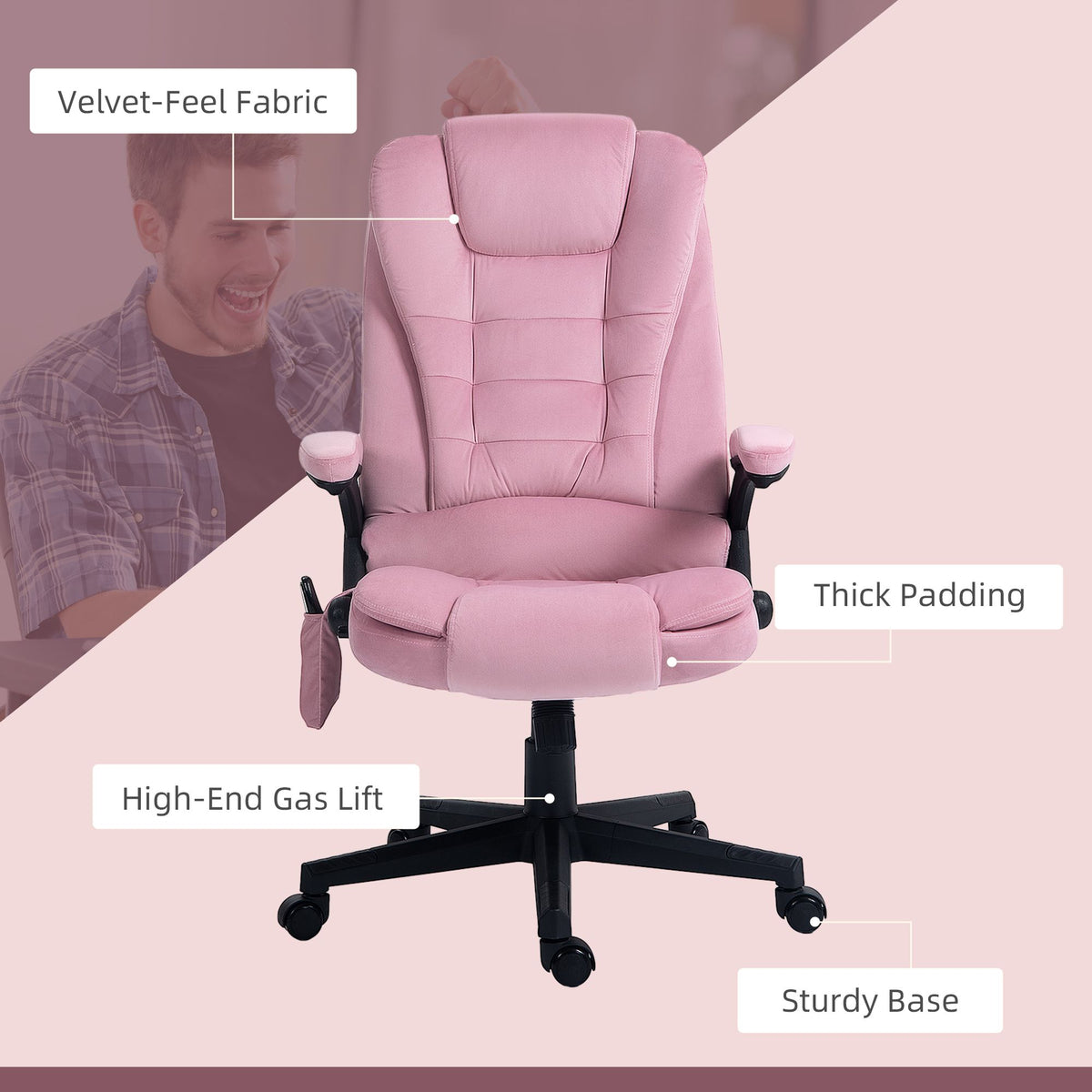 Executive Heated Massage Office Chair, 6 Vibrating Points, Velvet Massage Office Chair, Pink