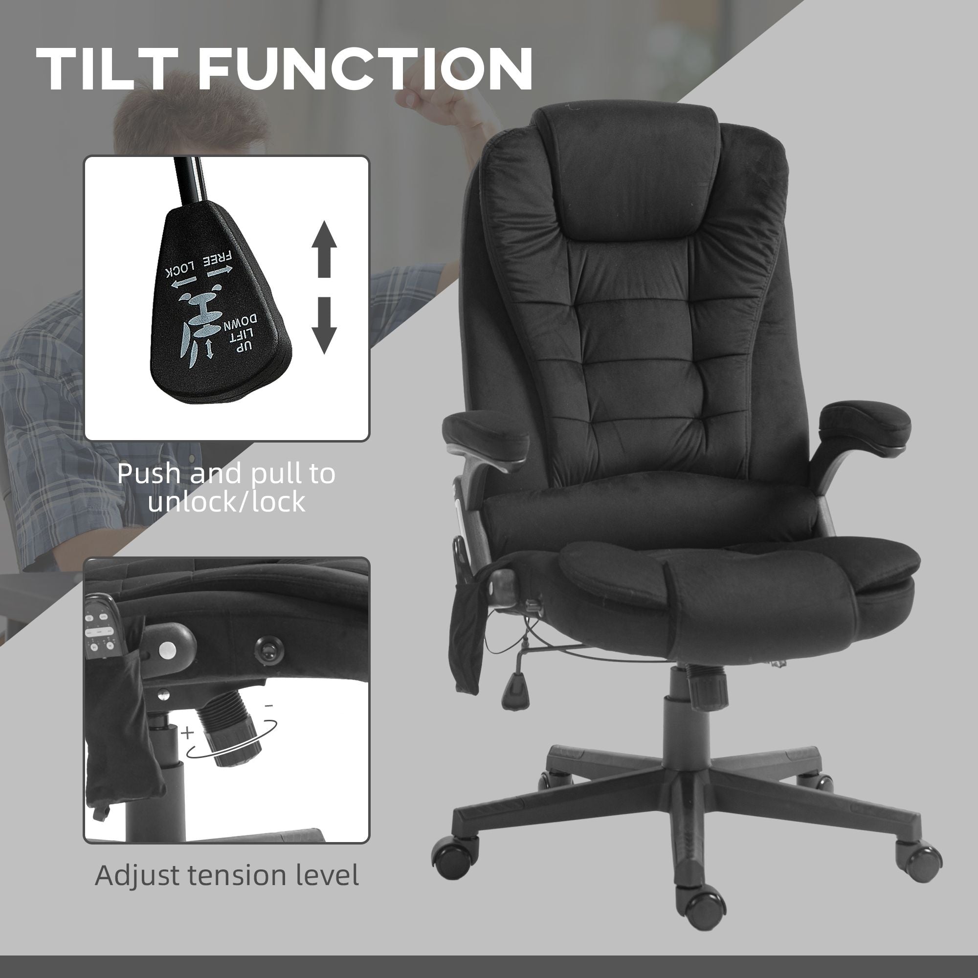 Executive Vibrating Massage Office Chair with Heat, 6 Point, Velvet High Back, Black