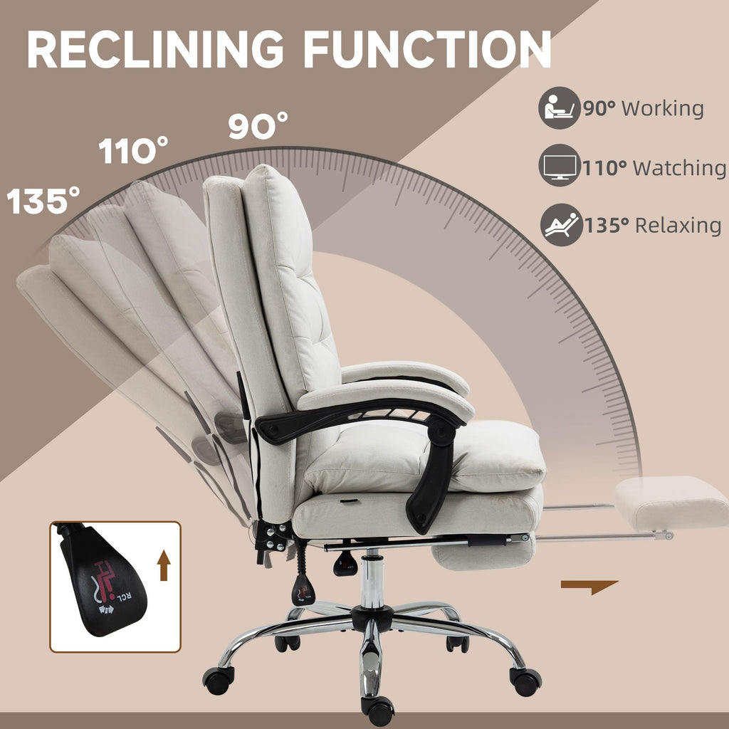 Heated Massage Office Chair Microfibre Reclining Vibration Footrest Armrest Cream White