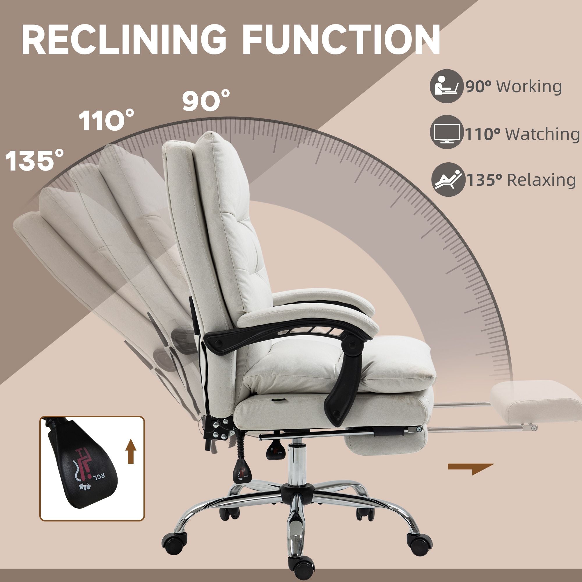 Heated Massage Office Chair Microfibre Reclining Vibration Footrest Armrest Cream White