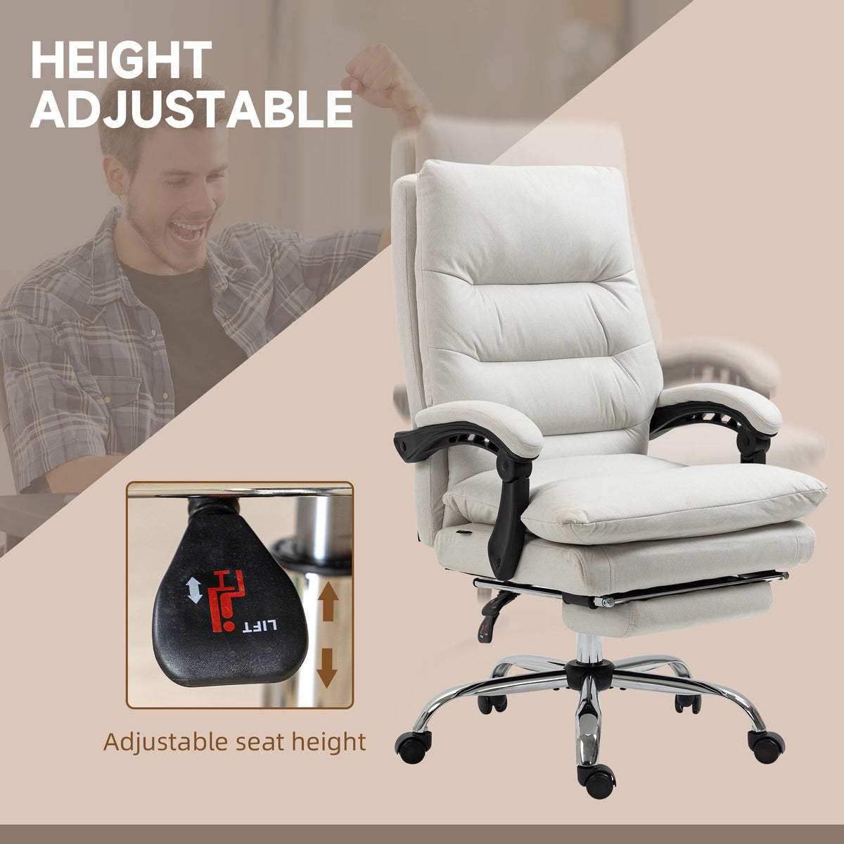 Heated Massage Office Chair Microfibre Reclining Vibration Footrest Armrest Cream White