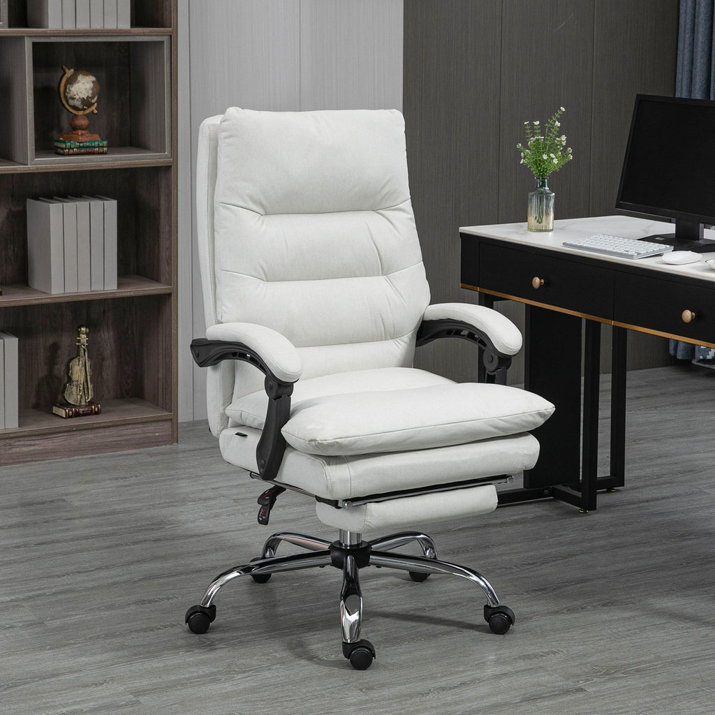 Heated Massage Office Chair Microfibre Reclining Vibration Footrest Armrest Cream White