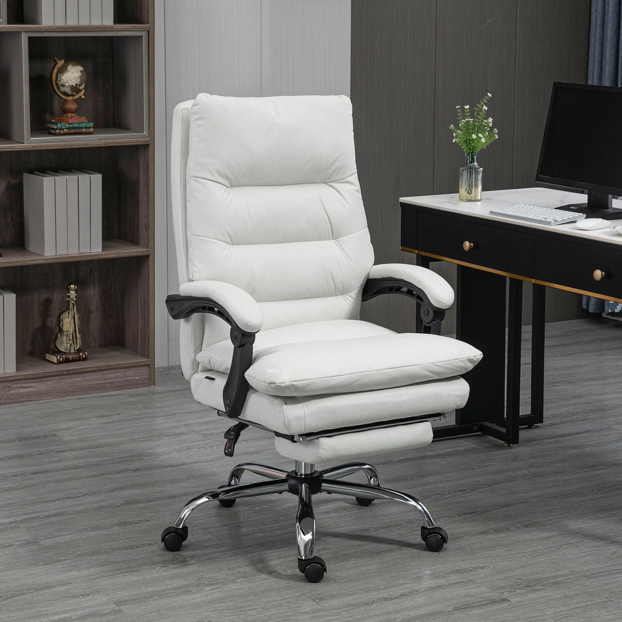 Heated Massage Office Chair Microfibre Reclining Vibration Footrest Armrest Cream White