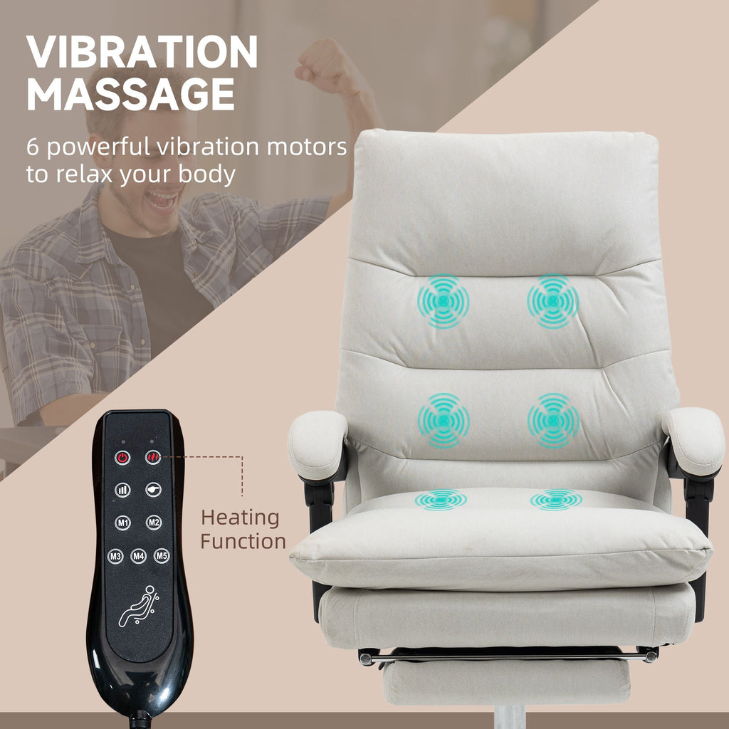 Heated Massage Office Chair Microfibre Reclining Vibration Footrest Armrest Cream White