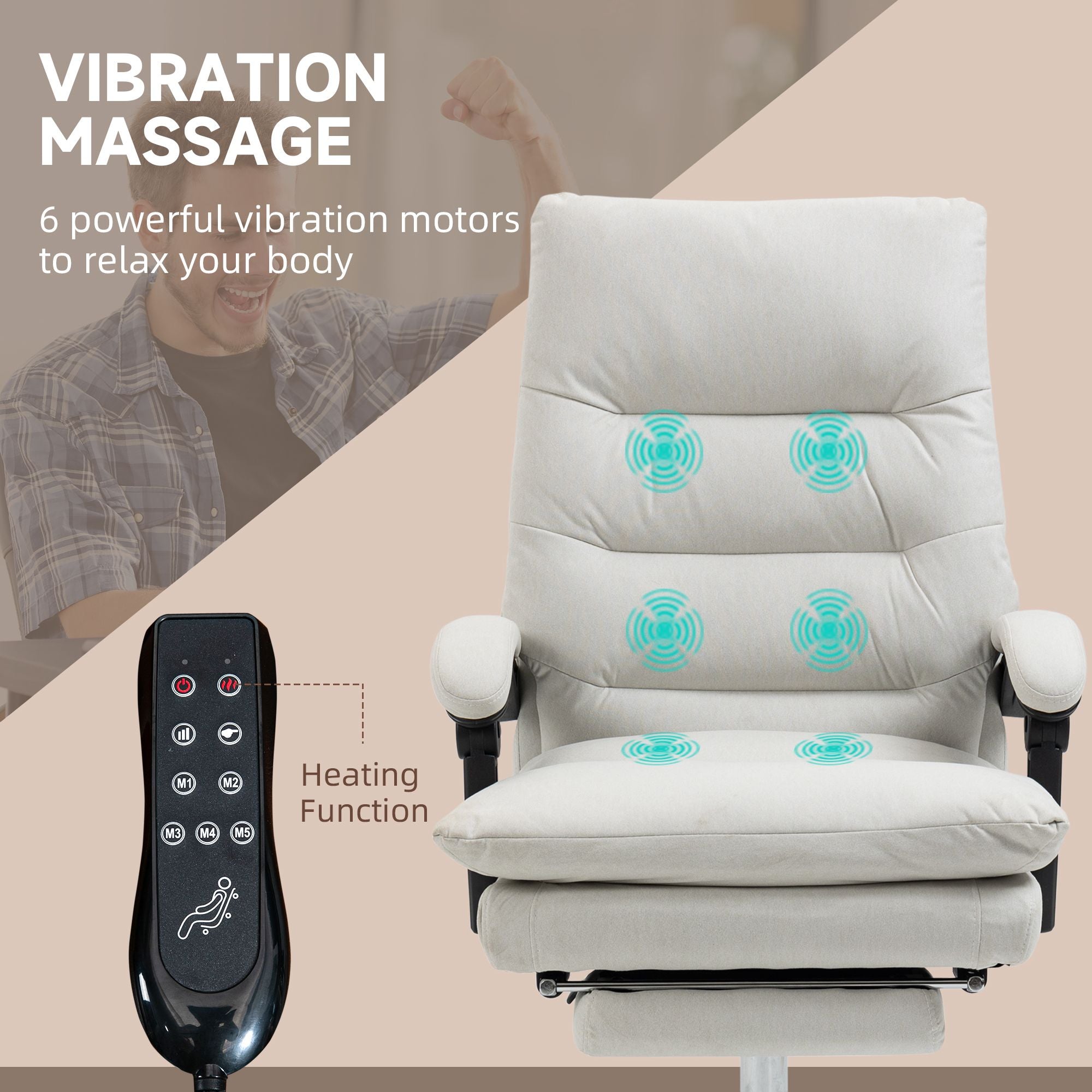Heated Massage Office Chair Microfibre Reclining Vibration Footrest Armrest Cream White