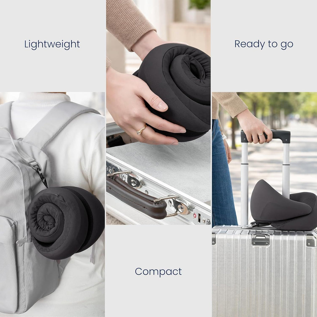 Neck Travel Pillow, Memory Foam Travel Pillow for Airplane, Portable Roll-Up Neck Pillow with Cooling Inner Fabric, 360° Ergonomic Support, No Head Bobbing, Travel Bag Included