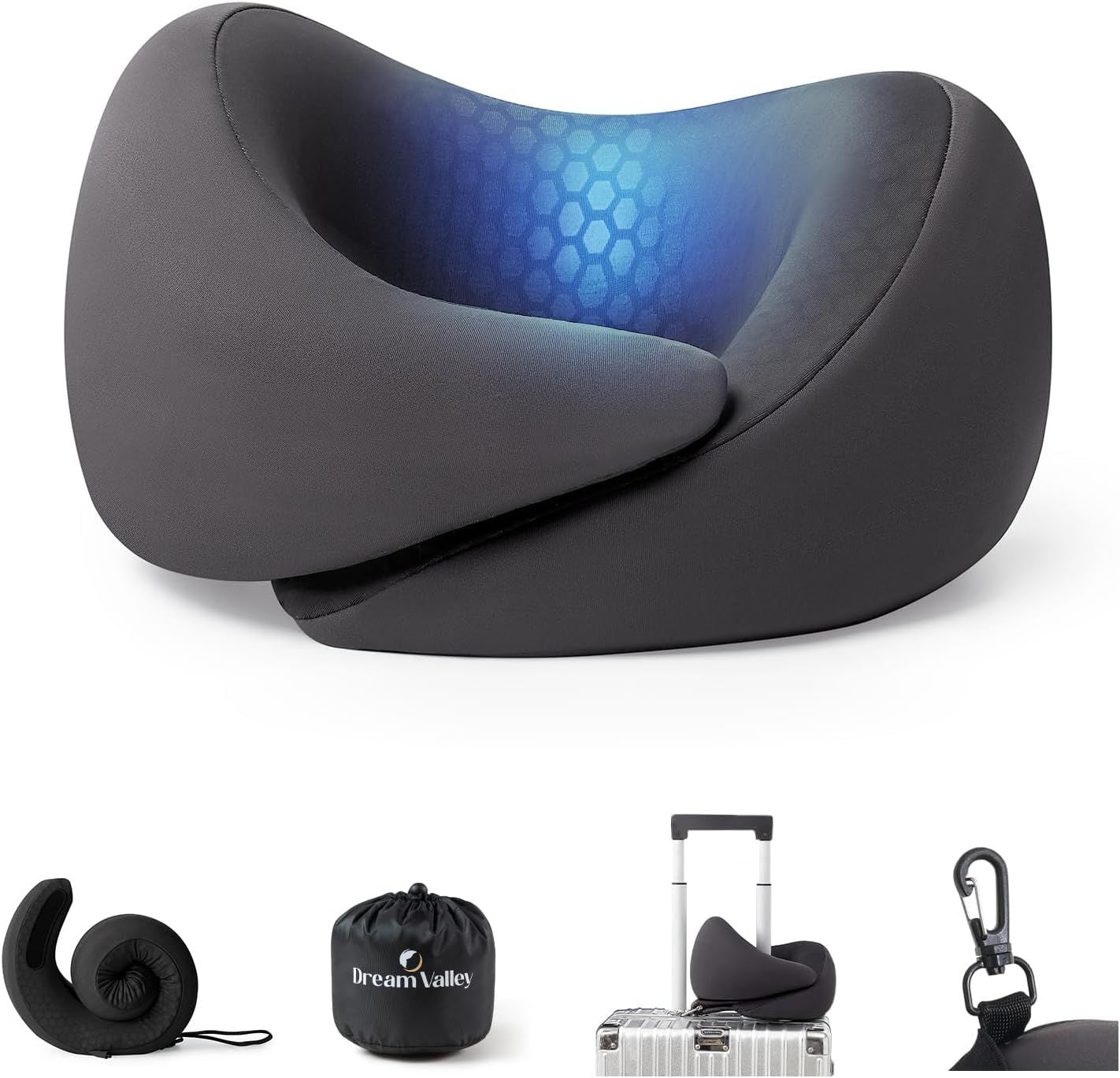 Neck Travel Pillow, Memory Foam Travel Pillow for Airplane, Portable Roll-Up Neck Pillow with Cooling Inner Fabric, 360° Ergonomic Support, No Head Bobbing, Travel Bag Included