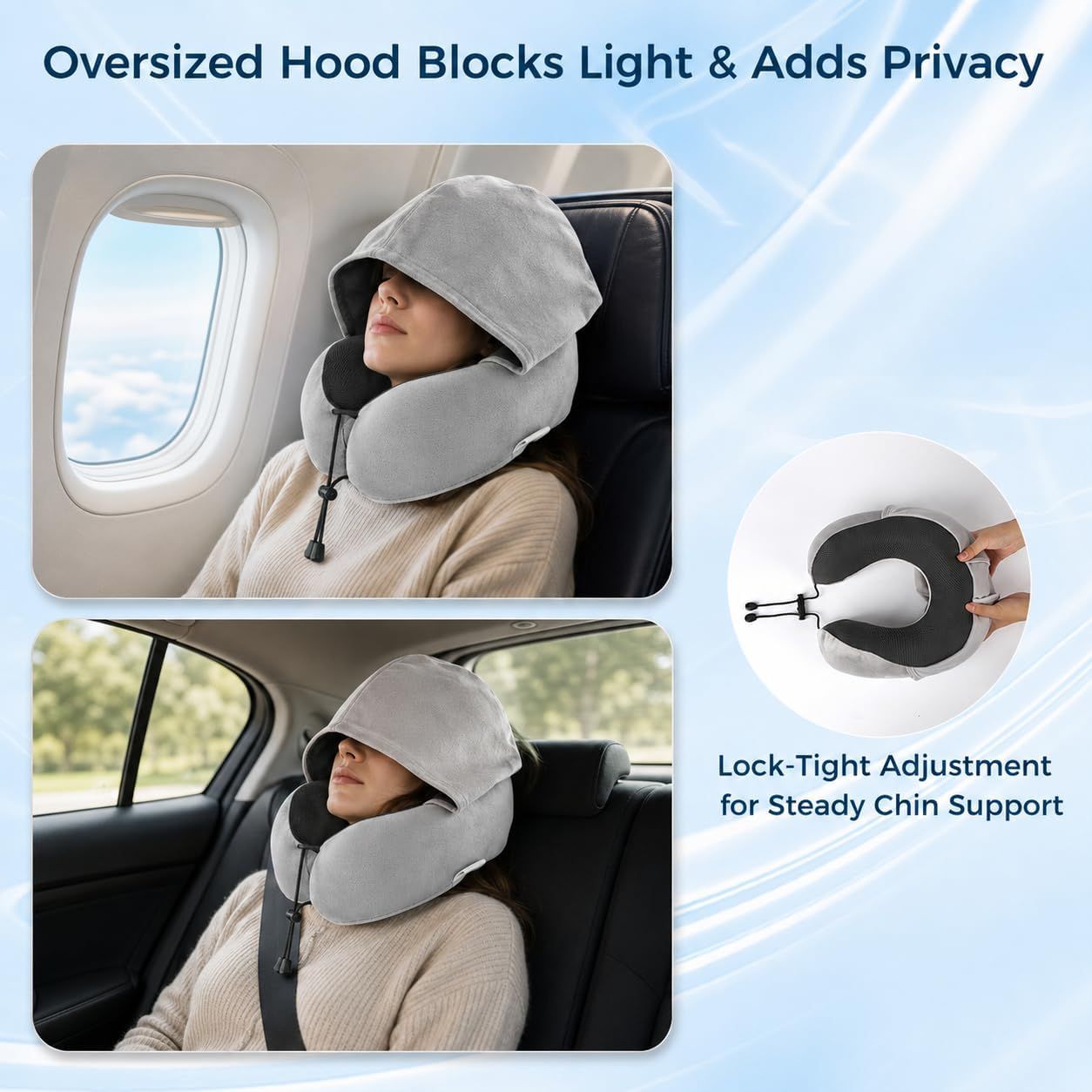 Hooded Travel Neck Pillow – Memory Foam U-Shaped Airplane Pillow with Oversized Hood, 360° Head & Chin Support, Soft Breathable Cover, Portable for Plane, Car, Office & Long Flights