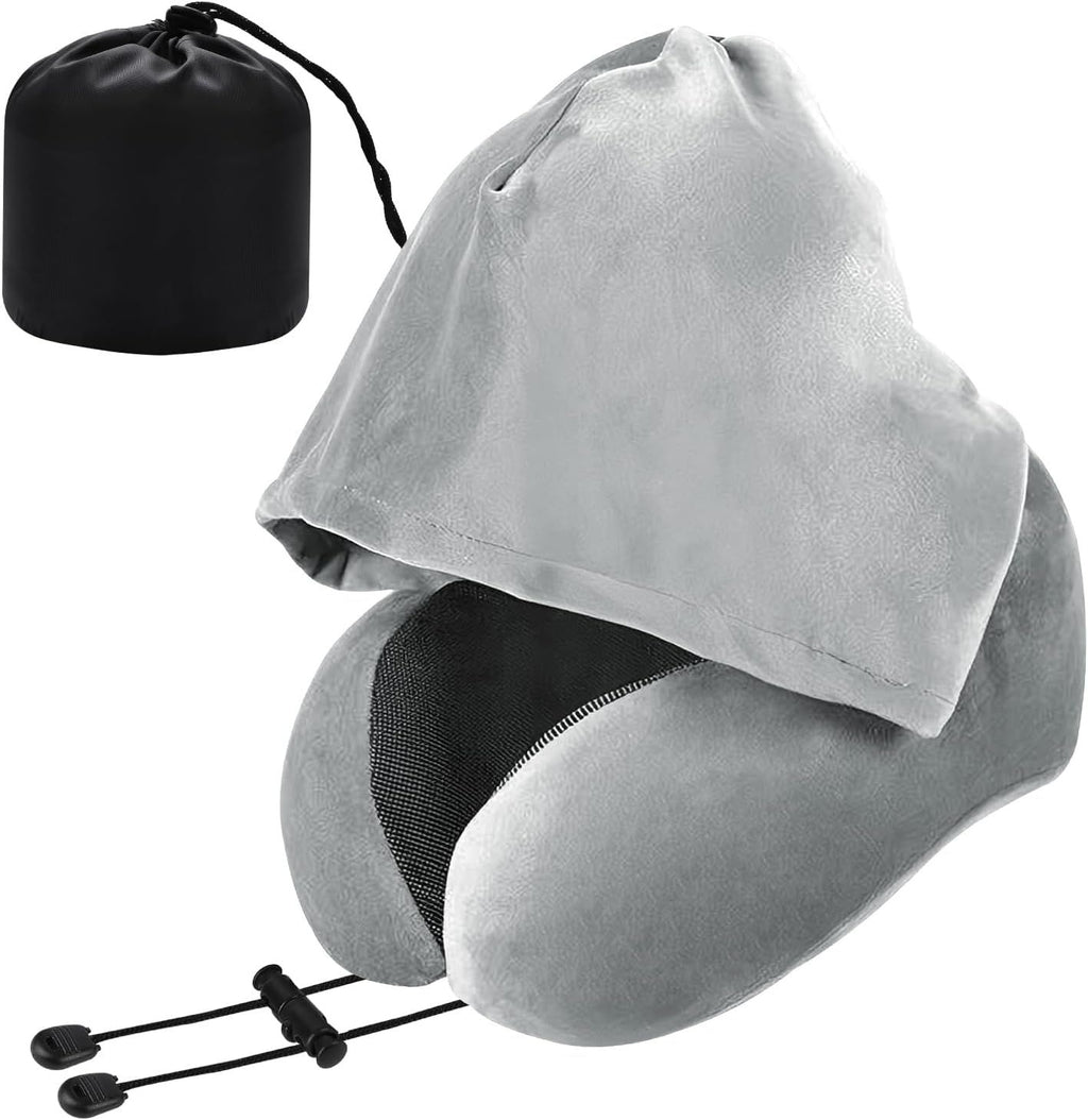 Hooded Travel Neck Pillow – Memory Foam U-Shaped Airplane Pillow with Oversized Hood, 360° Head & Chin Support, Soft Breathable Cover, Portable for Plane, Car, Office & Long Flights