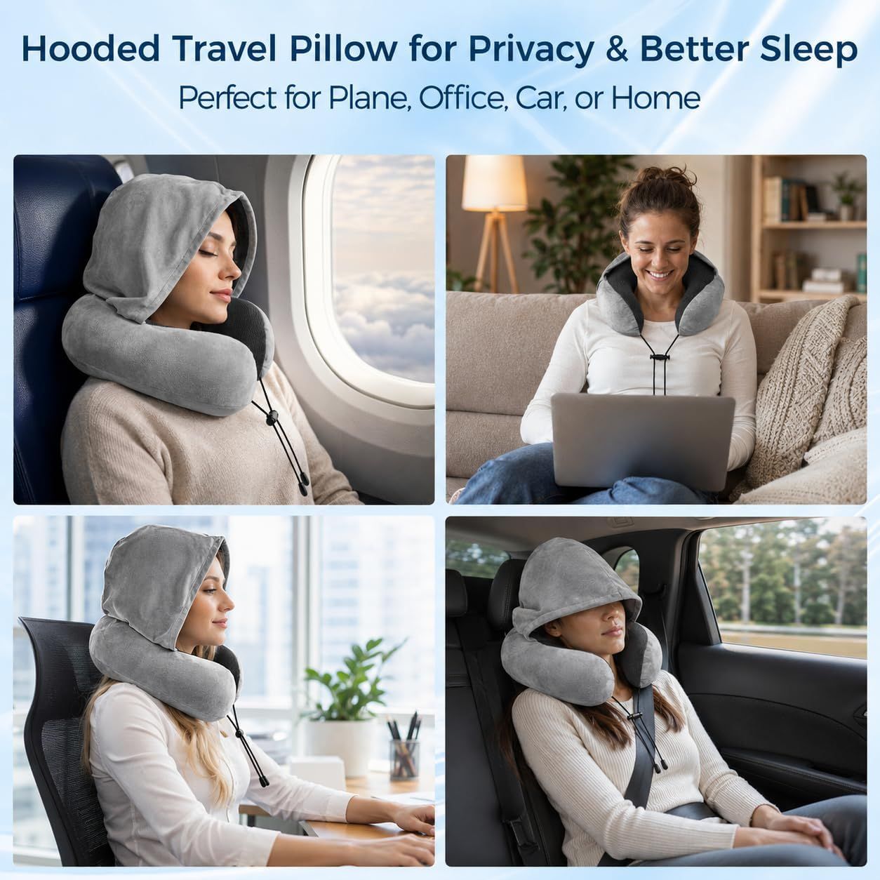 Hooded Travel Neck Pillow – Memory Foam U-Shaped Airplane Pillow with Oversized Hood, 360° Head & Chin Support, Soft Breathable Cover, Portable for Plane, Car, Office & Long Flights