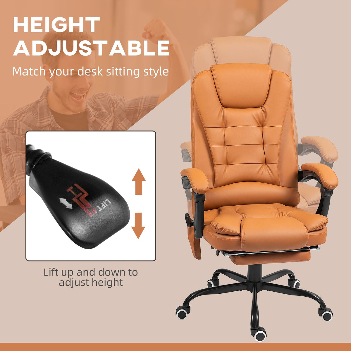 7-Point Massage Office Chair, High Back Massaging Desk Chair with Lumbar Support, Footrest, for Home Office, Light Brown