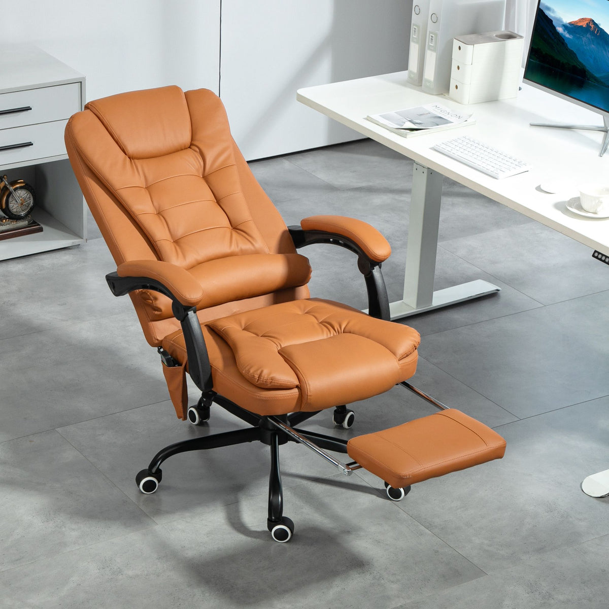 7-Point Massage Office Chair, High Back Massaging Desk Chair with Lumbar Support, Footrest, for Home Office, Light Brown