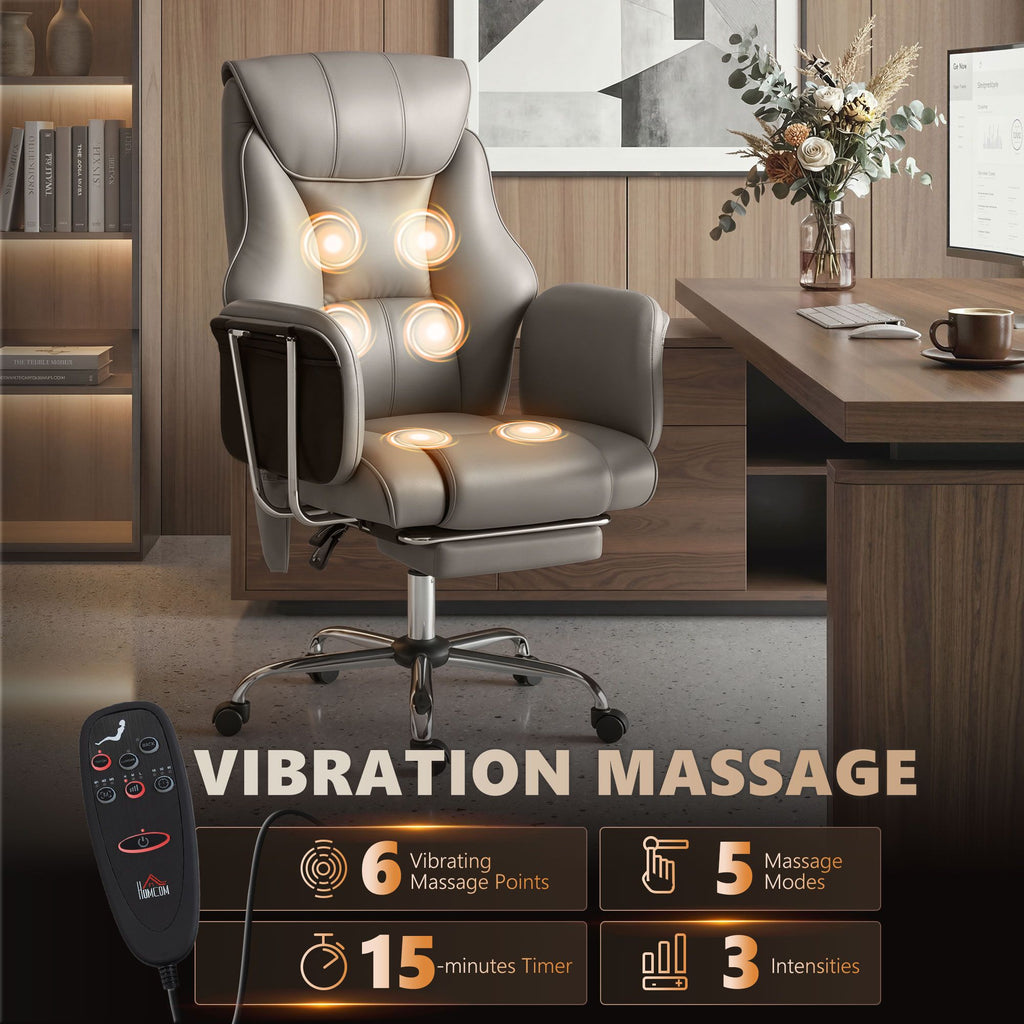 Massage Office Chair with 6 Points Vibration, Executive Desk Chair with High Back, PU Leather, Footrest, Gray