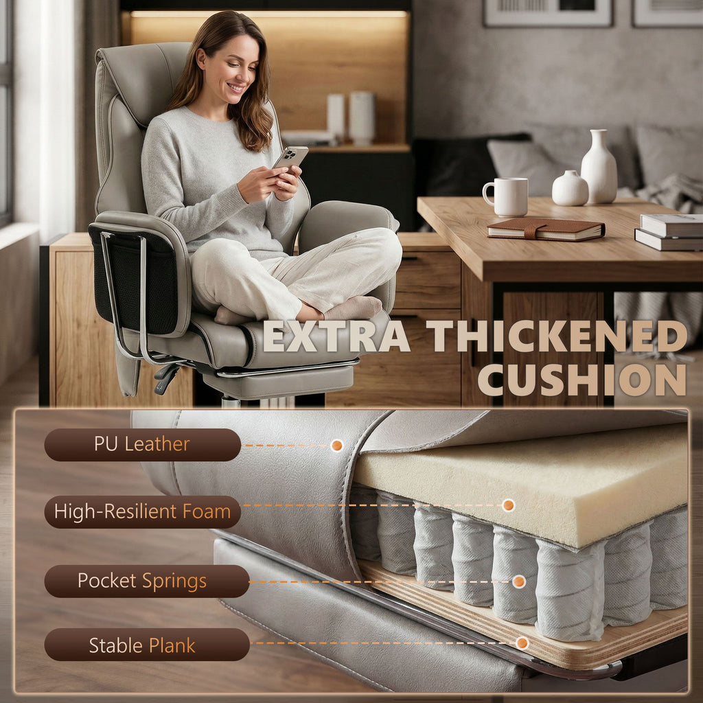 Massage Office Chair with 6 Points Vibration, Executive Desk Chair with High Back, PU Leather, Footrest, Gray
