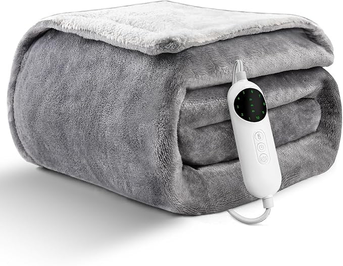 Heated Blanket Electric Throw, 50"×60" Heated Blanket Throw - Flannel Grey Throw Blanket with 2-8H Time Settings for Bed & Office, Washable Housewarming Gift for Adults & Kids & Pets