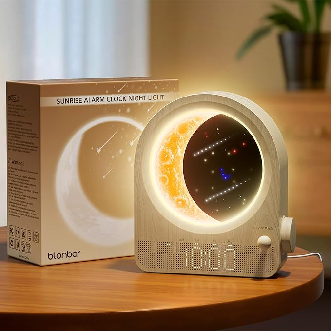 Sunrise Alarm Clocks for Bedrooms, Stepless Dimmable Moon Lamp Dual Alarm Clock Wake Up Light with 12Levels Volume for Heavy Sleepers, 10 Natural Sounds with Timer, Gifts for Women