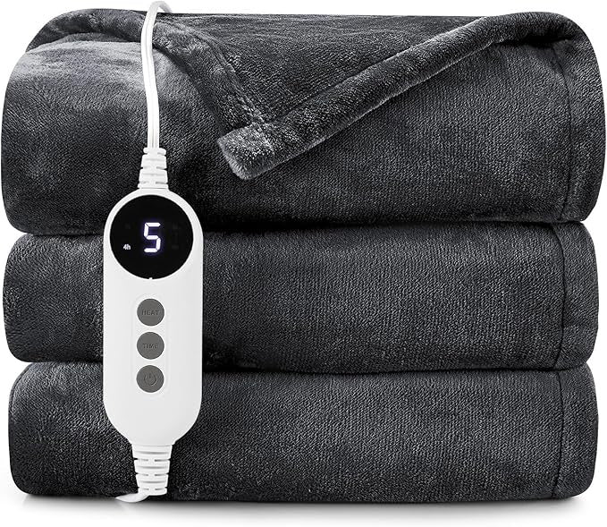 Heated Electric Blanket Throw, 2-Layer Cozy Warm Flannel 50" x 60", Heating Blanket with 9 Heating Levels, 2/4/6/10 Hours Auto Off, Fast Heating Winter Blanket, Dark Grey