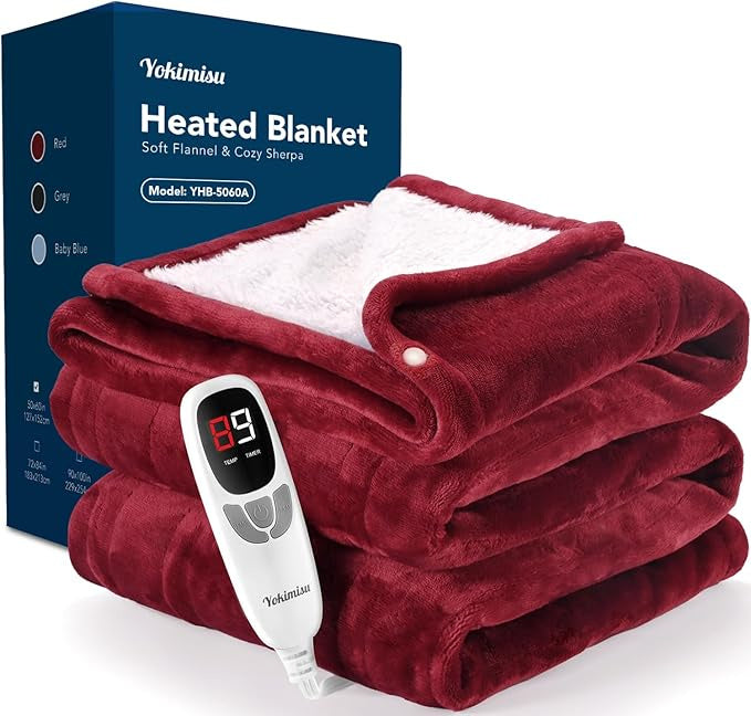 Heated Blanket Throw, Wearable Heated Blanket Two Buttons, 50x60 Inches Soft Flannel Electric Throw, 9 Heating Levels & 10 Options Auto Off, for Home, Office (Red)