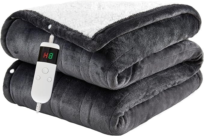 Electric Blanket Heated Throw, Soft Flannel 50"x60" Heating Blanket with 8 Hours Auto Off 10 Fast Heating Levels Machine Washable Sherpa Heated Blanket with Overheating Protection
