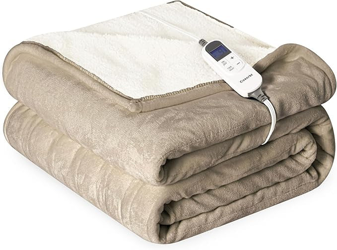 Heat Blanket 50'x60' Throw,Soft Flannel & Sherpa Reversible Electric Blanket with 10 Heat Settings,12 Timer Setting and 3 Hours Auto-Shut Off,ETL Certified Machine Washable,Light Brown