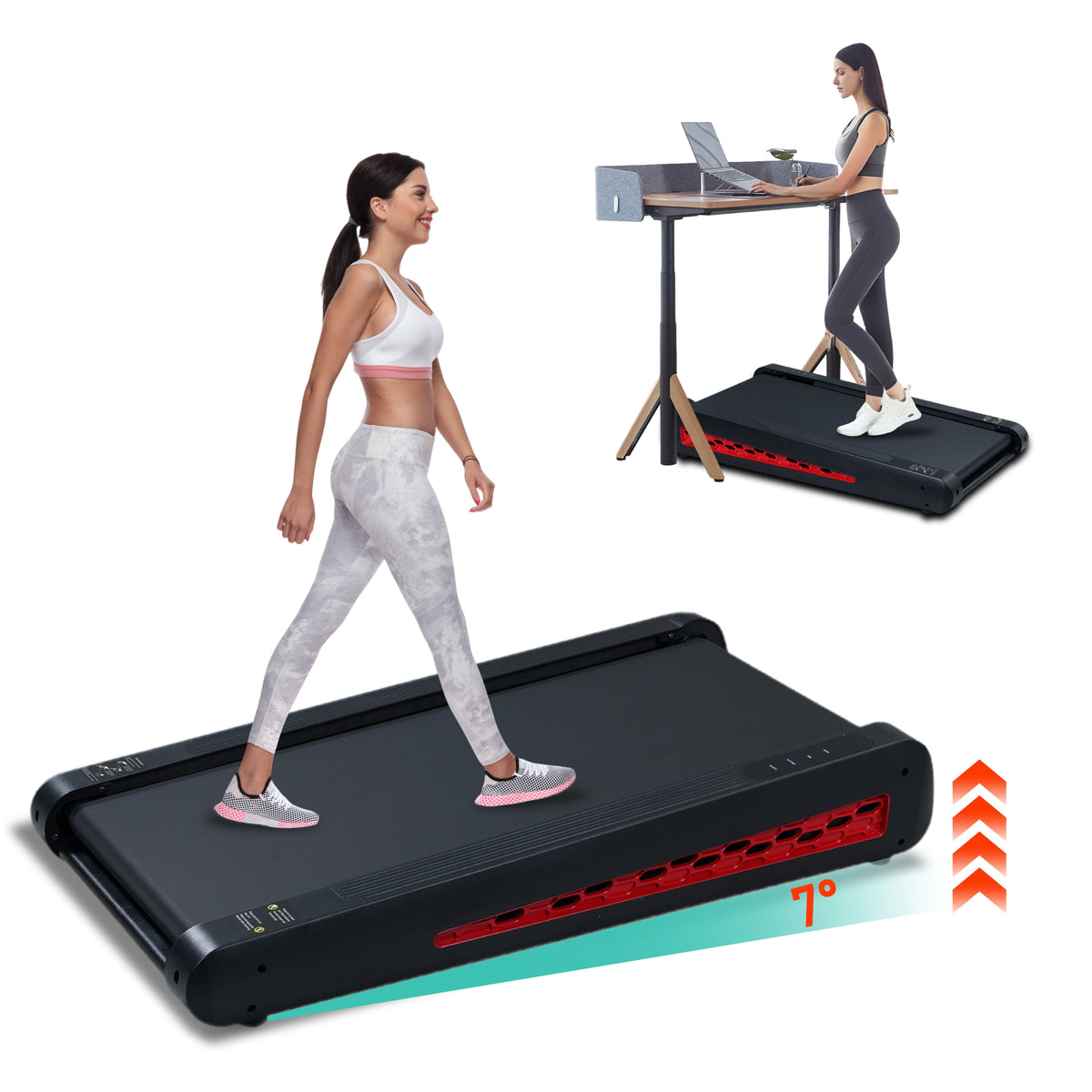 7° Incline Walking Pad Treadmill - Portable Compact Treadmills Under Desk Treadmill, Incline Treadmills for Home Office, Upright Stand, 2.55HP Portable Treadmill with 220 lbs Capacity, LED Display