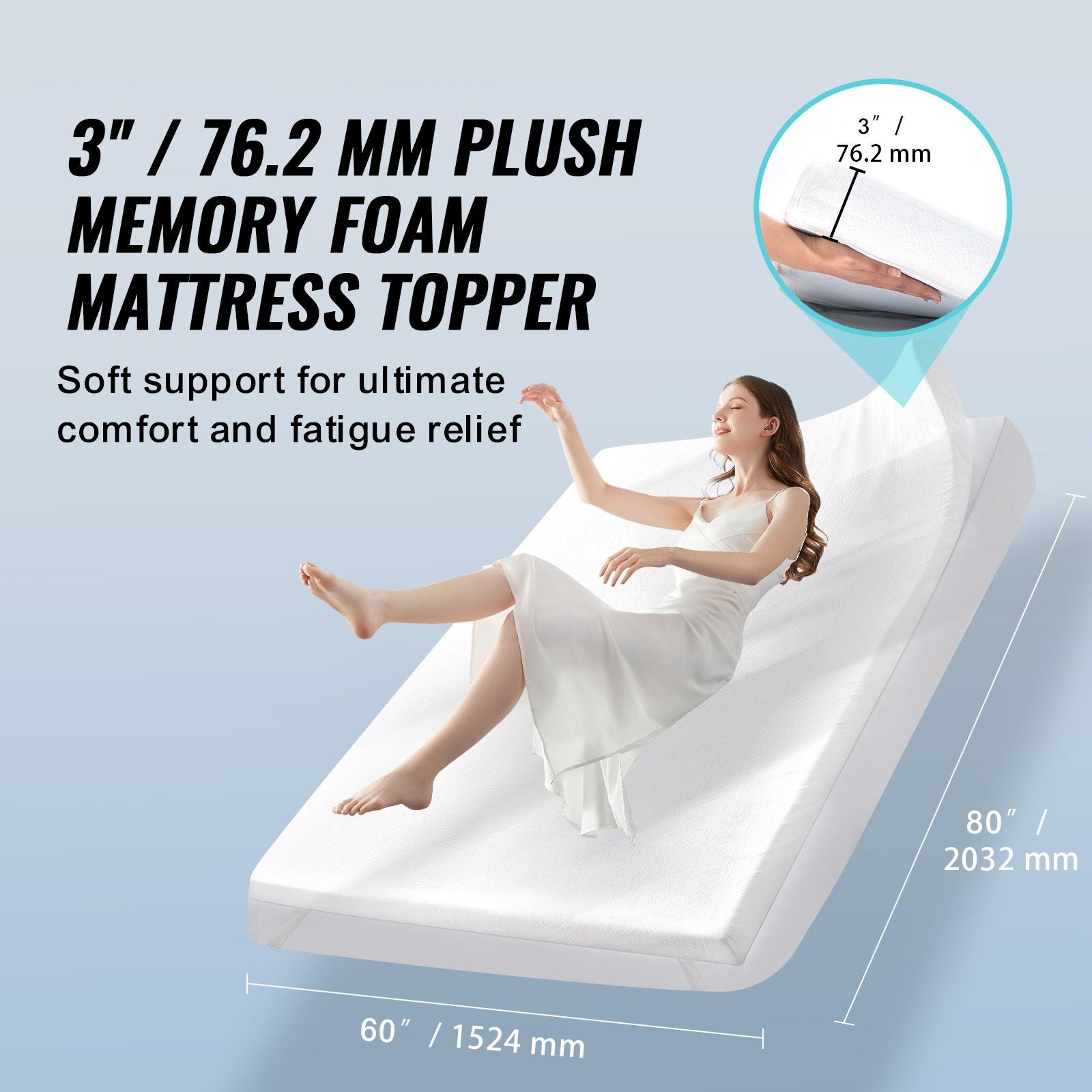 Mattress Topper, Queen Size, 3 in Thickness, Soft Memory Foam Mattress Pad, Premium Cooling Gel Infusion, Detachable and Washable, Compressed Package for Quick Setup, Comfy Support for Any Bed