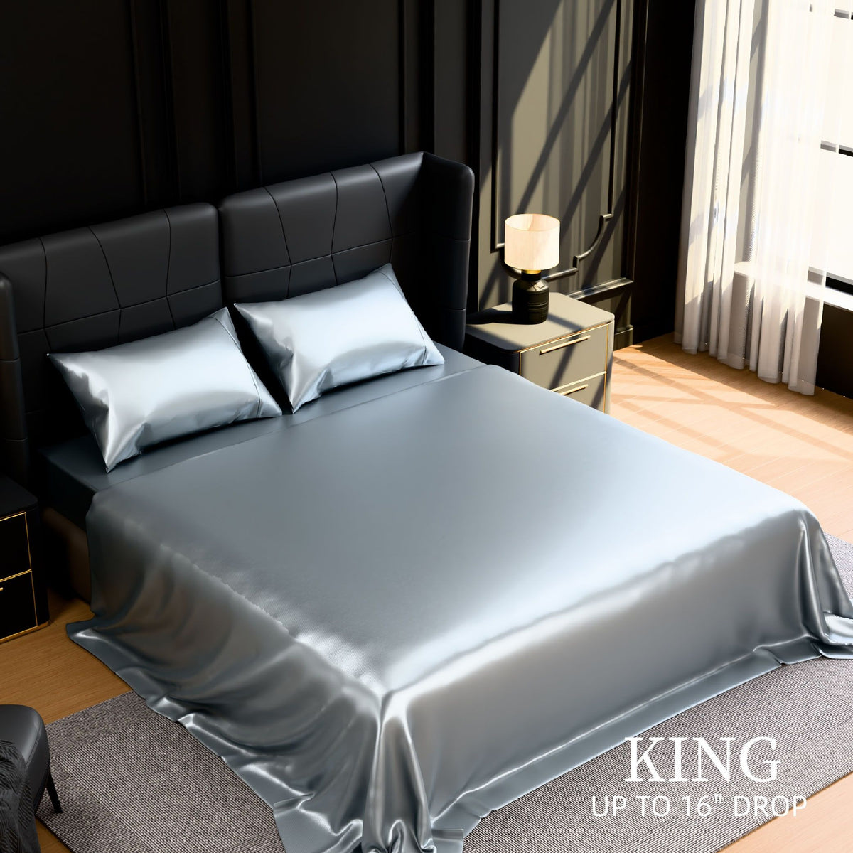 Satin Bed Sheets, King Size Sheets Set, 4 Pcs Silky Bedding Set with 15 Inches Deep Pocket for Mattress (King, Grey)