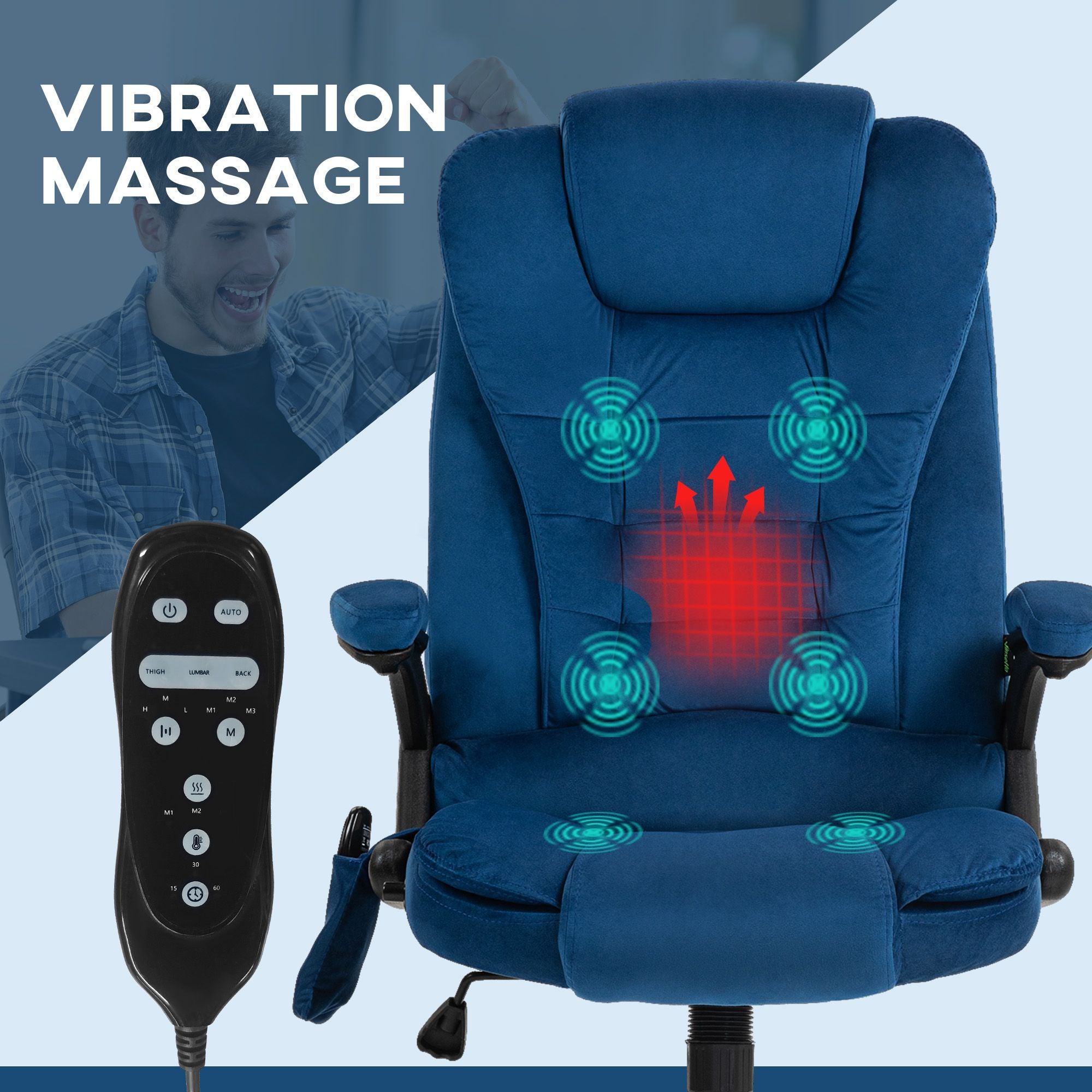 6 Point Executive Office Chair with Heat, Velvet High Back Vibrating Massage Office Chair, Drak Blue