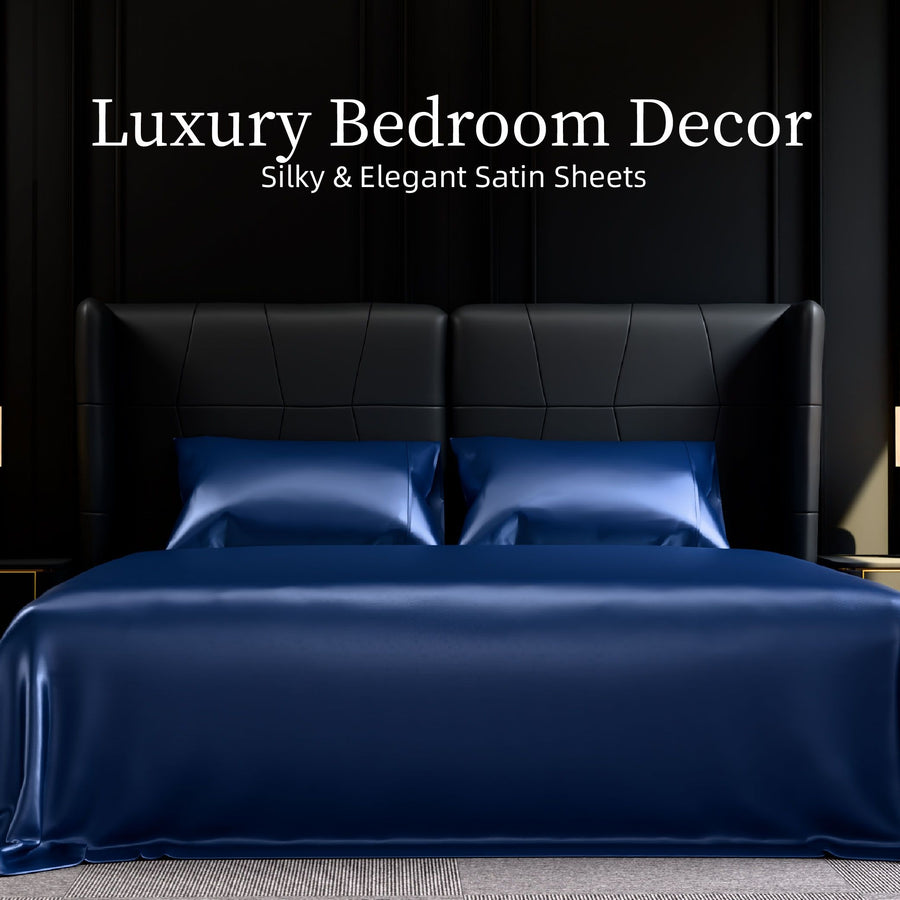 King Satin Bed Sheets Set, Silky, Navy Blue