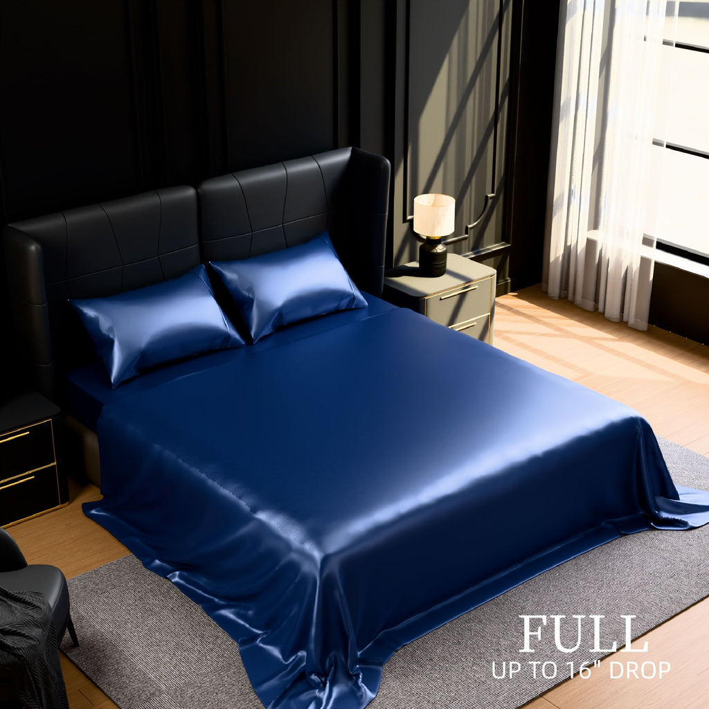 Satin Bed Sheets, Full Size Sheets Set, 4 Pcs Silky Bedding Set with 15 Inches Deep Pocket for Mattress (Full, Navy Blue)