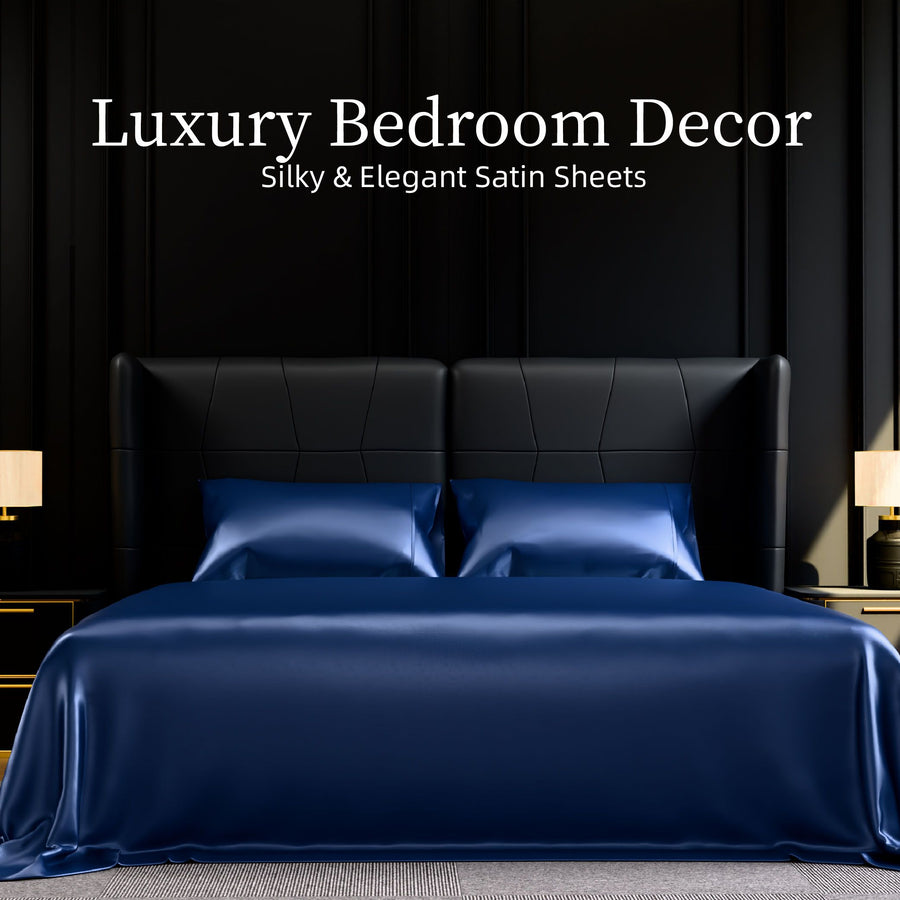 Full Satin Bed Sheets Set, Silky, Navy Blue