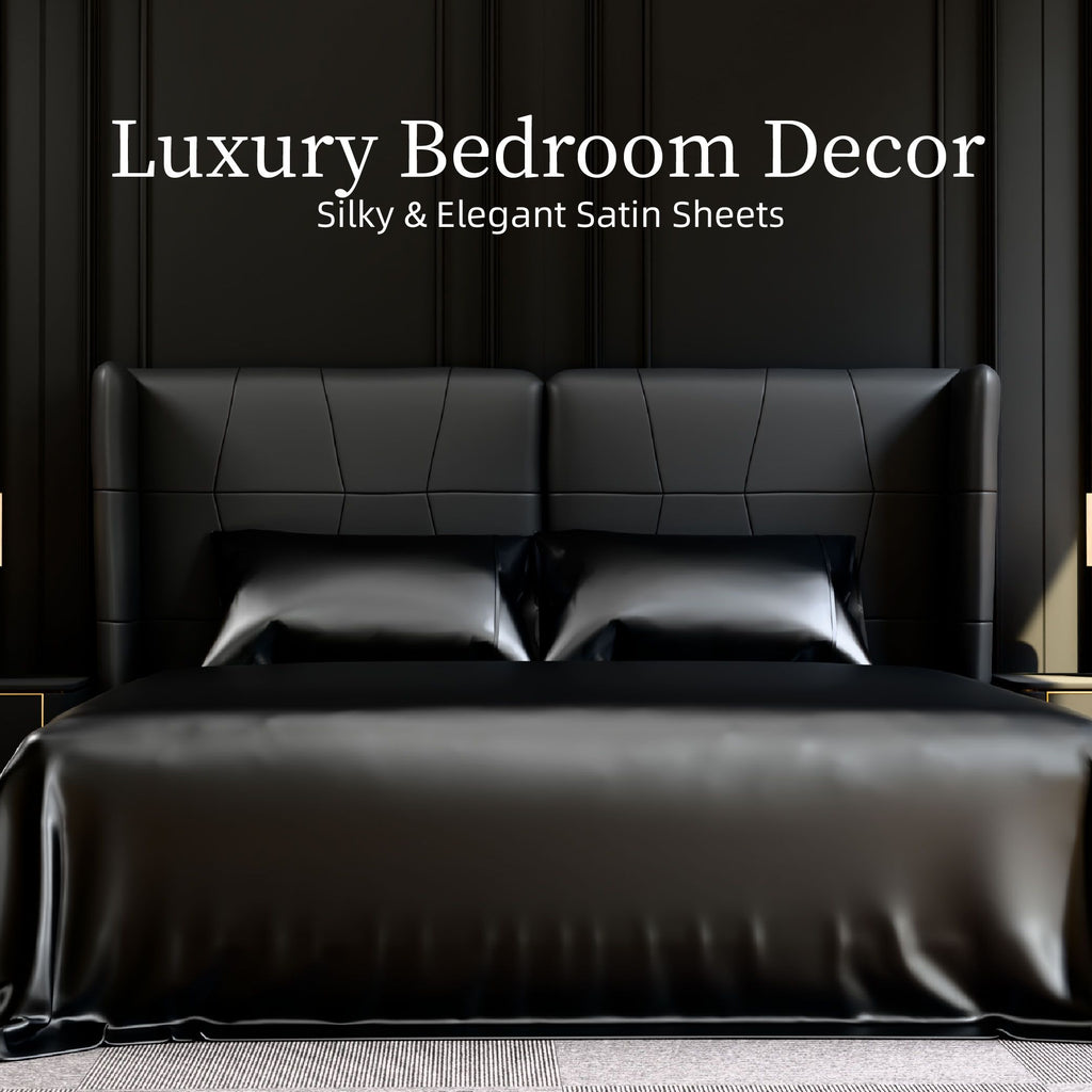 Satin Bed Sheets, King Size Sheets Set, 4 Pcs Silky Bedding Set with 15 Inches Deep Pocket for Mattress (King, Black)