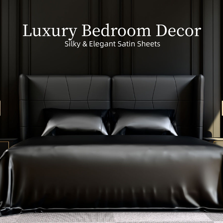 King Satin Bed Sheets Set, Silky, Black