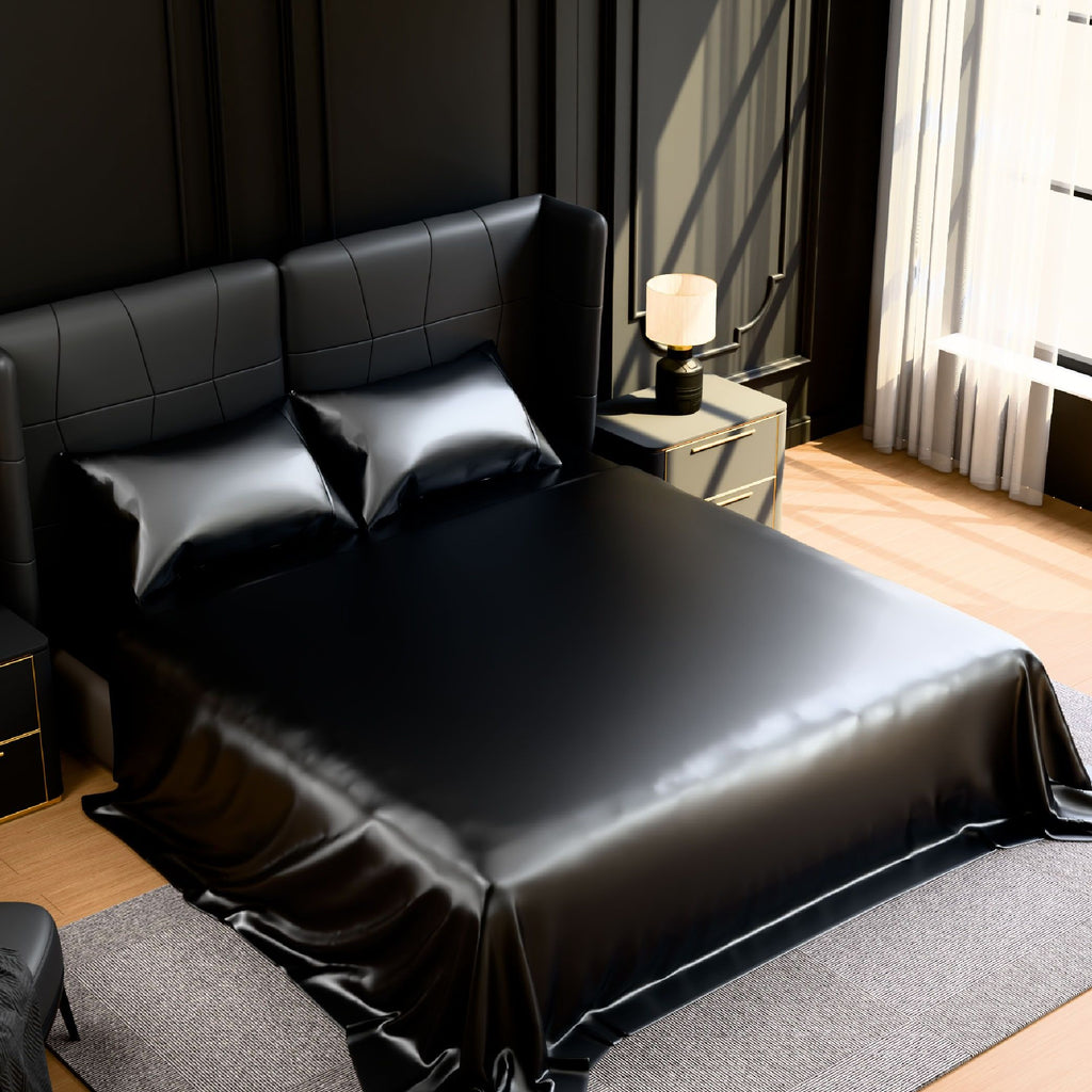 Satin Bed Sheets, King Size Sheets Set, 4 Pcs Silky Bedding Set with 15 Inches Deep Pocket for Mattress (King, Black)
