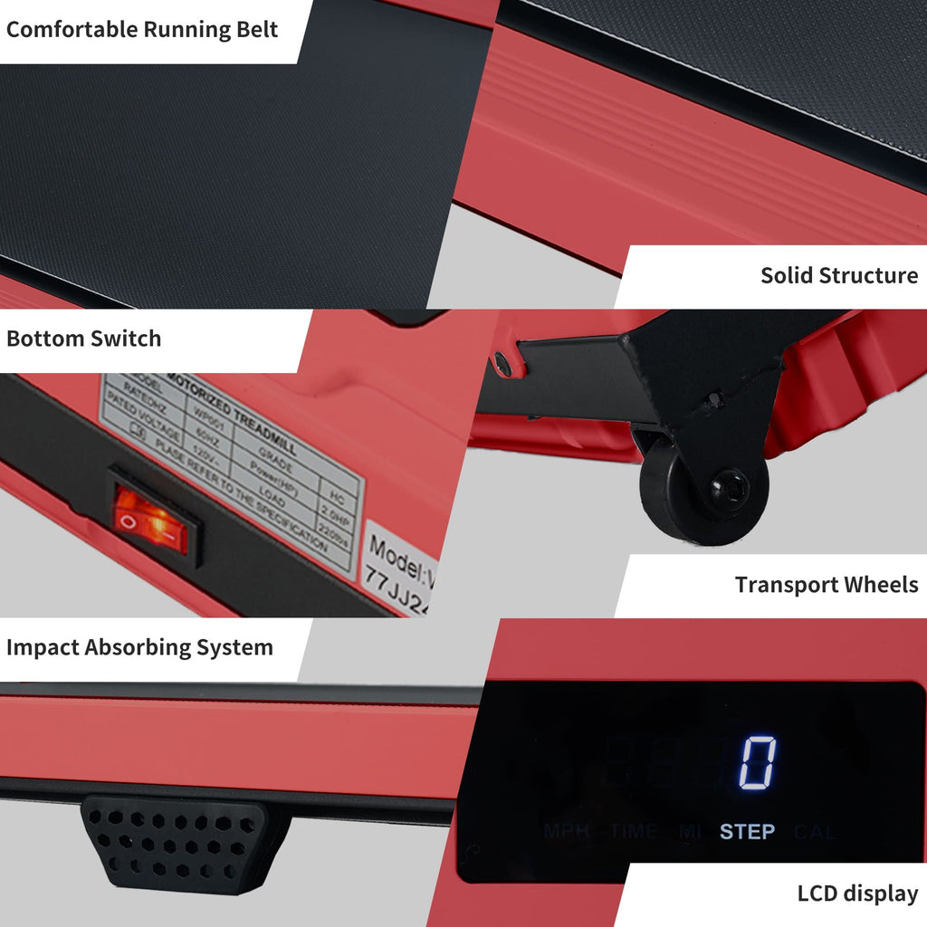 Walking Pad with Quiet 2.0 HP Brushless Motor, Countdown Modes, Spacious Running Area, 220 lbs Weight Capacity for Home or Office Workouts, 3 in 1 Portable Treadmill Walking, Red